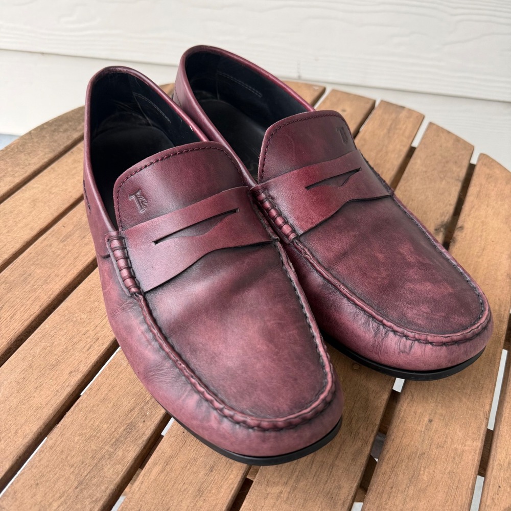 Tods Mens Gommino Penny Loafers Burgundy Leather Driving Shoes Italy 7.5
